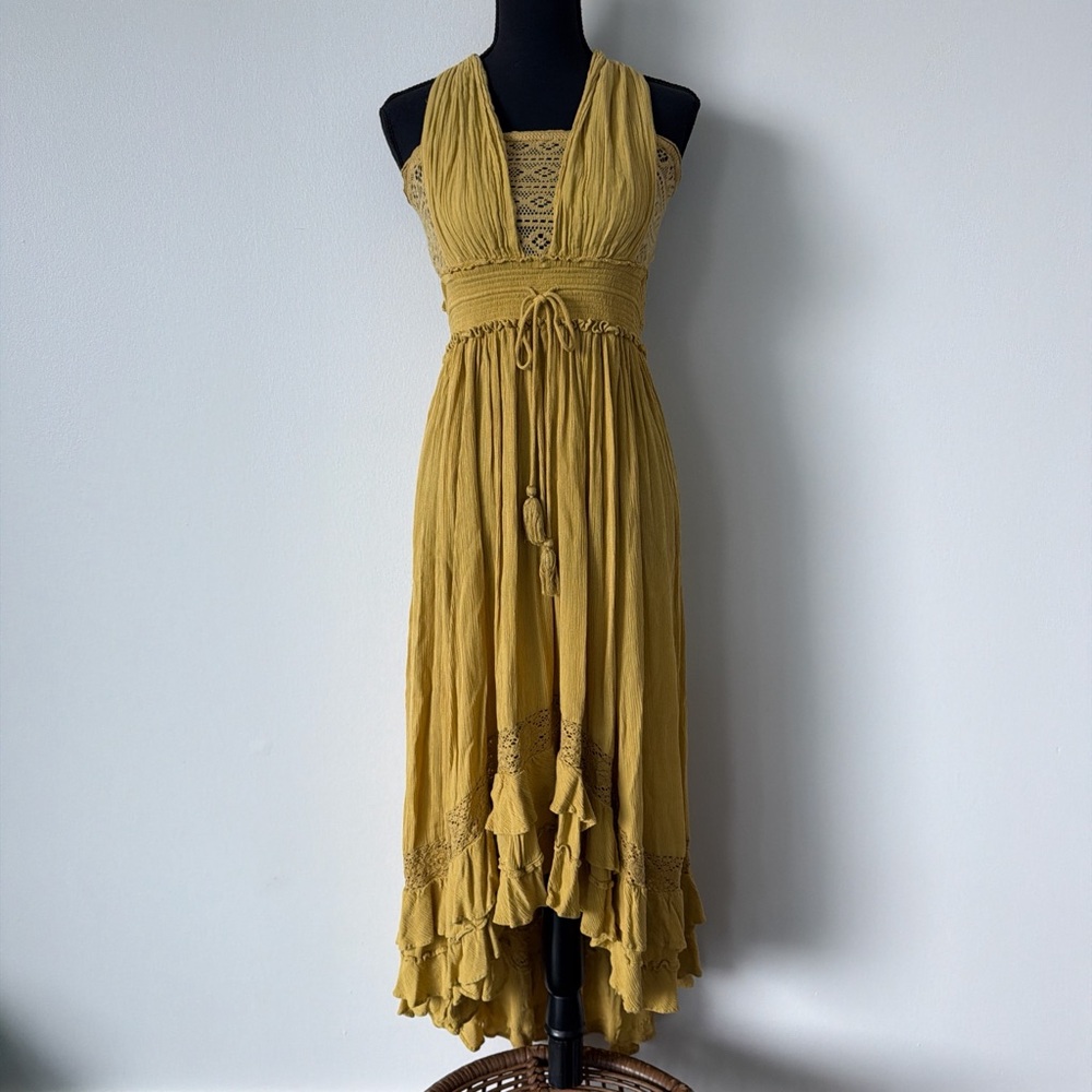 Free People Mustard Yellow High-Low Halter Maxi Dress